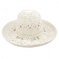 Wide Brim Crochet Toyo Straw Accent Hats – 12 PCS w/ Beaded Band - White - HT-8202WT